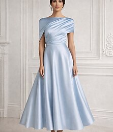 economico -Linea ad A Lunghezza alla caviglia Abiti da Cocktail Elegante Manica Corta Collo Alto Matrimonio Formale Vestito Rosa Raso con Tasca