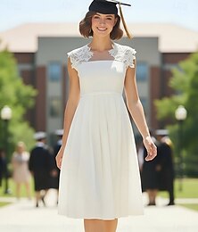 abordables -Ligne A Mi-long Robe de remise des diplômes Robe de Soirée Robe de Cocktail Robes de mariée Robes pour enterrement de vie de jeune fille robe de mariée Élégant Petites Robes Blanches Manche 3/4 Col