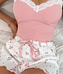 abordables -Femmes Ensemble Pyjama Occasionnel Confort Fleuri Dentelle Taille Élastique Débardeur Shorts Quotidien Maison Sans manches Bretelles Bleu Rose Claire Vin Kaki Été Printemps Coupe régulière
