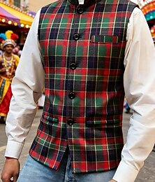 economico -Per uomo Gilet Casuale All'aperto Carnevale Feste Moda Streetwear Primavera Autunno Bottoni Poliestere Traspirabilità Plaid Monopetto Collo alla coreana Vestibilità regolare Verde Gilet