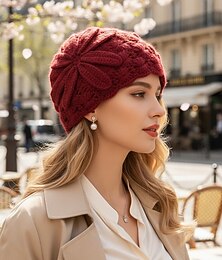 preiswerte -Rote Häkelmütze mit Blumenknospenmuster für Damen – weiche und kuschelige Strickmütze für den Winter, stilvolles und warmes Accessoire für Freizeit und Outdoor-Aktivitäten