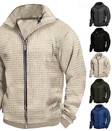 baratos -Homens jaqueta leve Jaqueta Waffle Jaqueta casual Casual Diário Bolsos Primavera Outono Tecido Roupa de rua à moda Colarinho Chinês Padrão Preto Azul Royal cáqui Cinzento Casaco
