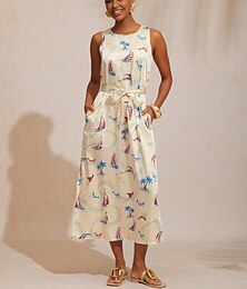 abordables -robe longue droite en satin avec motif océan pour les vacances