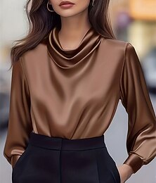 preiswerte -Damen Hemd Elegant Satin-Top Bluse Gerafft Patchwork Drapiert Einfarbig Einfach Elegant Vintage Damen Langarm Wasserfallausschnitt Normale Oberteile Täglich Arbeit Ferien Braun Herbst Winter