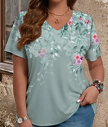 voordelige -Dames Grote maat Tops T-shirt Bloemig Afdrukken Korte mouw Strakke ronde hals Casual Dagelijks Polyester Zomer Lente blauw Donkergroen