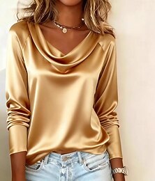preiswerte -Damen Satinhemd Kleidhemd Bluse Einfarbig Elegant Vintage Mode Langarm Wasserfallausschnitt Normale Oberteile Täglich Arbeit Party Schwarz Rosa Rote Grün Beige Frühling Herbst Winter Frühling