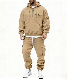abordables -Homme Sweat à capuche Ensemble Survetement Sweat à capuche et pantalon Ensemble Sweat à Capuche Quotidien Extérieur Vacances Tenue quotidienne Cordon de serrage Avec Poches Demi-zip Uni bleu marine