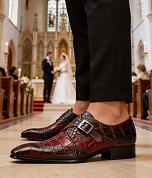 abordables -Chaussures pour homme en cuir de crocodile bordeaux – modèle luxueux à boucle avec finition brillante, idéales pour les événements formels, le bureau, les soirées et les mariages.