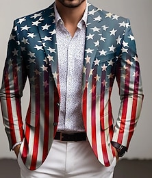 お買い得  -アメリカ独立記念日 男性用 アメリカの国旗 ブレザージャケット コート ファッション 快適 高通気性 アーティスティック カジュアル カジュアル 日常 祭り ポケット 3Dプリント ボタン オールシーズン ノッチドラペル 長袖 ブルー