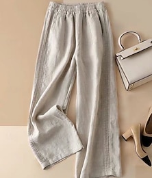 preiswerte -Damen Hose aus Baumwollleinen Hose Sommerhose Baggy-Hosen Urlaub Basic Lässig Volle Länge Hohe Taille Einfach Tasche Weites Bein Elastischer Bund Weich Bequem Atmungsaktiv Dehnbar Strand Ferien Blau