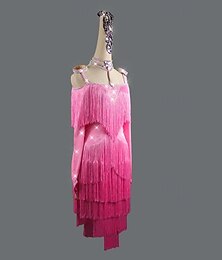 abordables -Robe de danse latine rose dégradée à franges et strass pour femme - épaules dénudées, manches longues et volants pour spectacle de salon