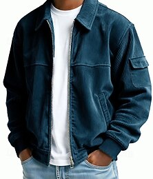 お買い得  -男性用 コーデュロイジャケット カジュアル 日常 ポケット 秋 冬 純色 ヴィンテージ 日常 シャツカラー レギュラー ブラック ライトグリーン ネイビーブルー ダークグリーン ブラウン ジャケット