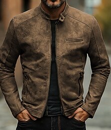 abordables -Hombre Chaqueta de cuero sintético Chaqueta Chaqueta casual Chaqueta de moto Casual Exterior Cortavientos Bolsillo Otoño Invierno Color sólido Punk Activo Escote Chino Regular Negro Marrón Verde