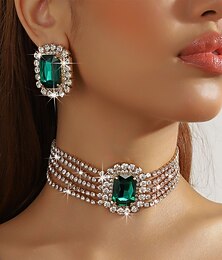 abordables -ras-de-cou en strass vert émeraude pour femme &Ensemble de boucles d'oreilles, bijoux en cristal doré, style glamour pour une soirée &événements en soirée