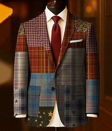 preiswerte -Herren Karomuster Blazerjacke Mantel Bequem Atmungsaktiv Künstlerisch Lässig Täglich 3D-Druck Knöpfe Mehrere Taschen Ganzjahres Fallendes Revers Langarm Rote