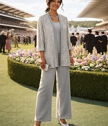 abordables -Trois Pièces Longueur cheville Robe de Mère de Mariée  Manche 3/4 Col Rond Fête Éclat & Brillance robe demoiselle d honneur Fête de mariage Réunion de famille Chiffon Dentelle avec Paillettes Couleur