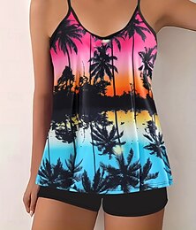 abordables -Tankini de Mujer de 2 Piezas Traje de Baño Palmera Pantalones Cortos Control de Barriga Cintura Alta Delgado Sin Espalda Ropa de Playa Vacaciones Floral Girasol Cuello en V Sin Mangas