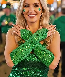 abordables -Gants à sequins en polyester pour femmes, lot de 2 paires, plusieurs coloris disponibles, parfaits pour la Saint-Patrick et les soirées, brillants et élégants.
