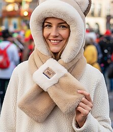 preiswerte -Damen Fleece-Futter Kapuzenschal – 2-in-1 Ohren-Mardi-Gras-Hut  Schal-Set in mehreren Farben für Karneval Winter-Cosplay und Kostümpartys