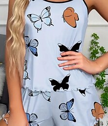 abordables -Femmes Ensemble Pyjama Occasionnel Confort Papillon Taille Élastique Shorts Quotidien Maison Sans manches Bretelles Bleu Rose Claire Beige Été Printemps Coupe régulière