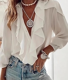 economico -Per donna Camicia Blusa Volant Semplice Elegante Manica Lunga Scollo a V Top Regolari Quotidiano Ferie Uscire Nero Bianco Verde chiaro Verde Rosa Estate Primavera Autunno