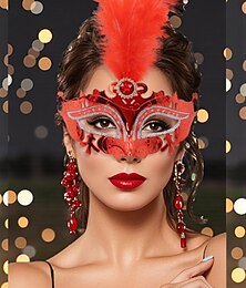 voordelige -Vrouwen Rode Veer Venetiaanse Maskerade Masker - Elegante Laser-gesneden Carnaval Kostuum Accessoire voor Venetië Festival Mardi Gras Cosplay  Maskerade Feesten