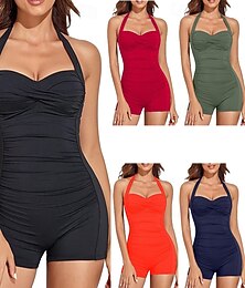 cheap -Women's Bathing Suit Ruched One Pieces Swimsuits Solid Colored Halter Elastic Sleeveless Swimwear Surfing Beach Vacation Summer