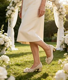abordables -Escarpins de mariage couleur champagne à talon moyen pour la mère de la mariée – élégants escarpins à talon bloc ornés d'un nœud
