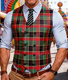 preiswerte -Herren Weste Gilet Outdoor Karneval Party Formell Mode Streetwear Frühling Herbst Knöpfe Polyester Atmungsaktivität Karomuster Einreihig V Ausschnitt Figurbetonter Schnitt Grün Weste