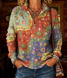 abordables -Mujer Sudadera Cremallera Floral Graphic Casual Manga Larga Media cremallera Tops regulares Casual Uso Diario Festivos Amarillo Rojo Primavera Otoño