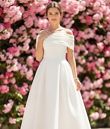 abordables -Ligne A Longueur cheville Robe de Soirée Robe de Cocktail Robes de mariée Robes pour enterrement de vie de jeune fille robe de mariée Élégant Petites Robes Blanches Sans manches Épaules Dénudées