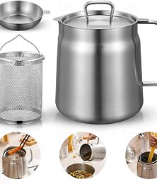 voordelige -Oliefilterpot van roestvrij staal met grote capaciteit van 304, met frituurmandje – multifunctioneel keukenhulpmiddel voor efficiënte oliefiltratie, ergonomische handgreep en gelijkmatige schenktuit,