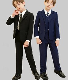 preiswerte -5-teiliger Ringträgeranzug für Jungen und Kinder (Sakko) &Weste & Hose  & Hemd  &Krawatte, Jungenanzug, lässig, für Outdoor-Partys, modisch, cool, Basic, einfarbig, Taschenknöpfe, schwarz, marineblau,