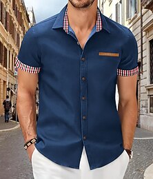 cheap -Men's Shirt Dress Shirt Button Up Shirt Plain Casual Daily Black White Navy Blue Sky Blue Short Sleeve Turndown Summer Spring Clothing Apparel Patchwork
