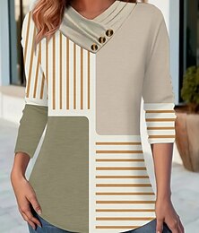 お買い得  -女性用 Tシャツ ボタン プリント グラフィック 幾何学模様 カラーブロック ヴィンテージ スタイリッシュ クラシック 長袖 Ｖネック レギュラートップス 日常 週末 ブルー ピンク カーキ色 春 秋 冬