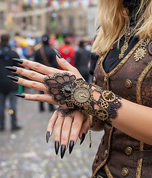 billiga -Kvinnors Mardi Gras steampunk viktorianska spetsfingerlösa handskar med armband - legeringsur och kugghjulsaccessoar för karneval och Halloween-kostym