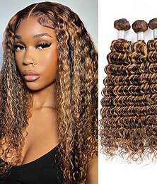 preiswerte -p4/27 Braune Haarverlängerungen mit tiefen Wellen, Echthaar-Highlights, blonde Haarverlängerungen mit tiefen Wellen, 3er-Packung Echthaar-Extensions für schwarze Frauen