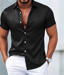 お買い得  -男性用 ドレスシャツ サテンシルクシャツ 純色 日常 アウトドア ライトブルー ブラック ホワイト ワイン 半袖 折襟 夏 春 衣類 平織り