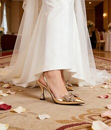 abordables -Femmes Chaussures à Talons Soirée Mariage en ville Talons Chaton Bout Pointu Sexy Cuir Microbien Mocassin Dorée