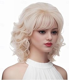 preiswerte -Vintage-Perücken für Damen, blonde Kurzhaarperücke im Stil der 70er und 80er Jahre mit Pony, schulterlange Kunsthaarperücke für Cosplay