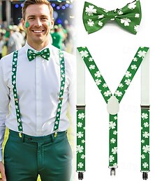 abordables -Ensemble bretelles et nœud papillon vert trèfle pour homme, en polyester, idéal pour la Saint-Patrick, le carnaval et le quotidien.