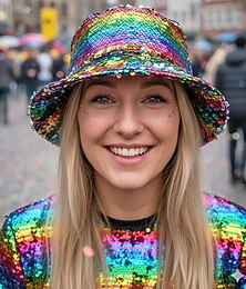preiswerte -Damen mehrfarbiger wendbarer Pailletten-Bucket-Mardi-Gras-Hut - Glänzendes Disco-Kostümzubehör für Karneval Rave und Maskerade