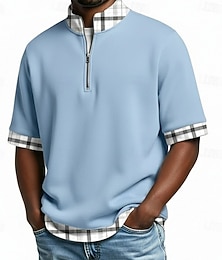 cheap -Men's Polo Shirts Casual Holiday Standing Collar Short Sleeve Basic Modern Plaid Color Block Buttons Summer Spring Blue Navy Blue Purple Brown Green Polo Shirts