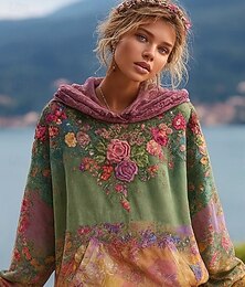abordables -Sudadera con capucha boho vintage de impresión 3D para mujer sudadera con parches florales sudadera tipo pullover casual de manga larga con capucha uso diario bolsa frontal hierba rosa claro púrpura