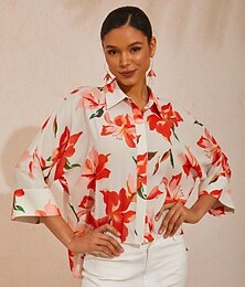 abordables -Blusa de manga dolman asimétrica de gasa fluida con flores de primavera