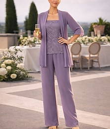 abordables -Tailleur pantalon longueur sol Robe de la mère de la mariée À manches longues Col bijou Élégante Simple Invitée à un mariage avec couleur unie