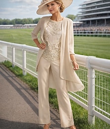 abordables -Combinaison Tailleur-Pantalon Longueur au sol Robe de Mère de Mariée  Manche 3/4 Bijoux Élégant Formel robe demoiselle d honneur Chiffon Dentelle avec Perlage Appliques
