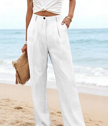 baratos -Mulheres Linho de algodão sintético Perna larga Calça casual Calça verão Férias Roupa de rua Básico Comprimento total Cintura Média Tecido Bolsos Respirabilidade Confortável Sem Elasticidade Diário