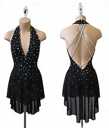 preiswerte -Eiskunstlaufkleid Damen Eislaufen Kleid Schwarz Patchwork Offener Rücken Dehnbar Training Wettbewerb Eiskunstlaufkleidung Klassisch Kristall / Strass Ärmellos Eislaufen Eiskundstlauf