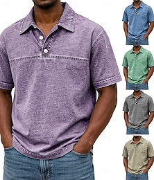 cheap -Men's Acid Wash Shirt Cotton Polo Shirt Casual Business Ribbed Polo Collar Short Sleeve Fashion Basic Solid Color Color Block Buttons Washed Summer Spring Spring &  Fall Regular Fit Black Light Green